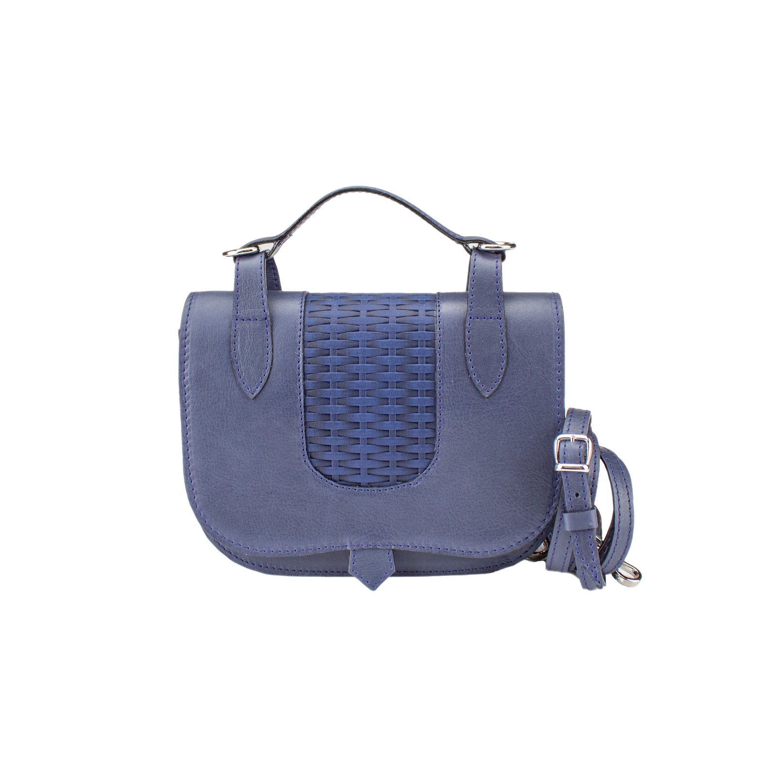 Cartera Cancún de cuero argentino con panel trenzado, color azul