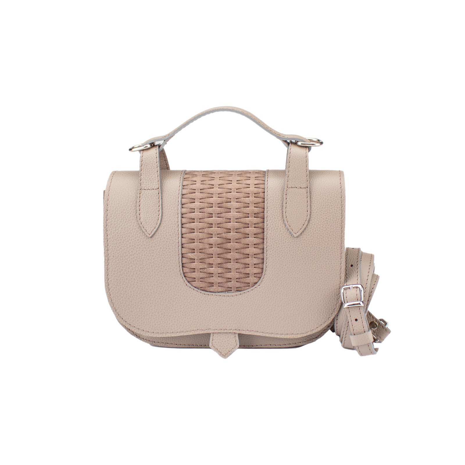 Cartera Cancún de cuero argentino con panel trenzado, color gris