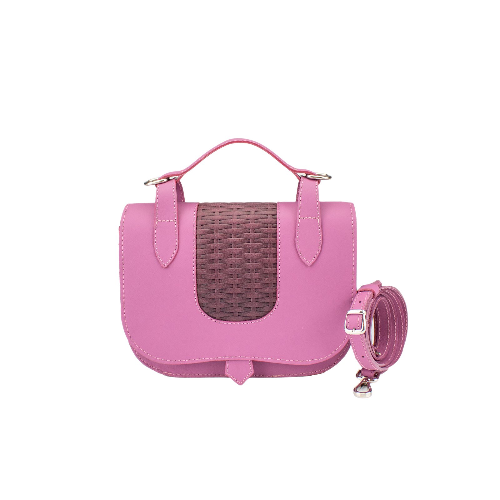 Cartera Cancún de cuero argentino con panel trenzado, color lila