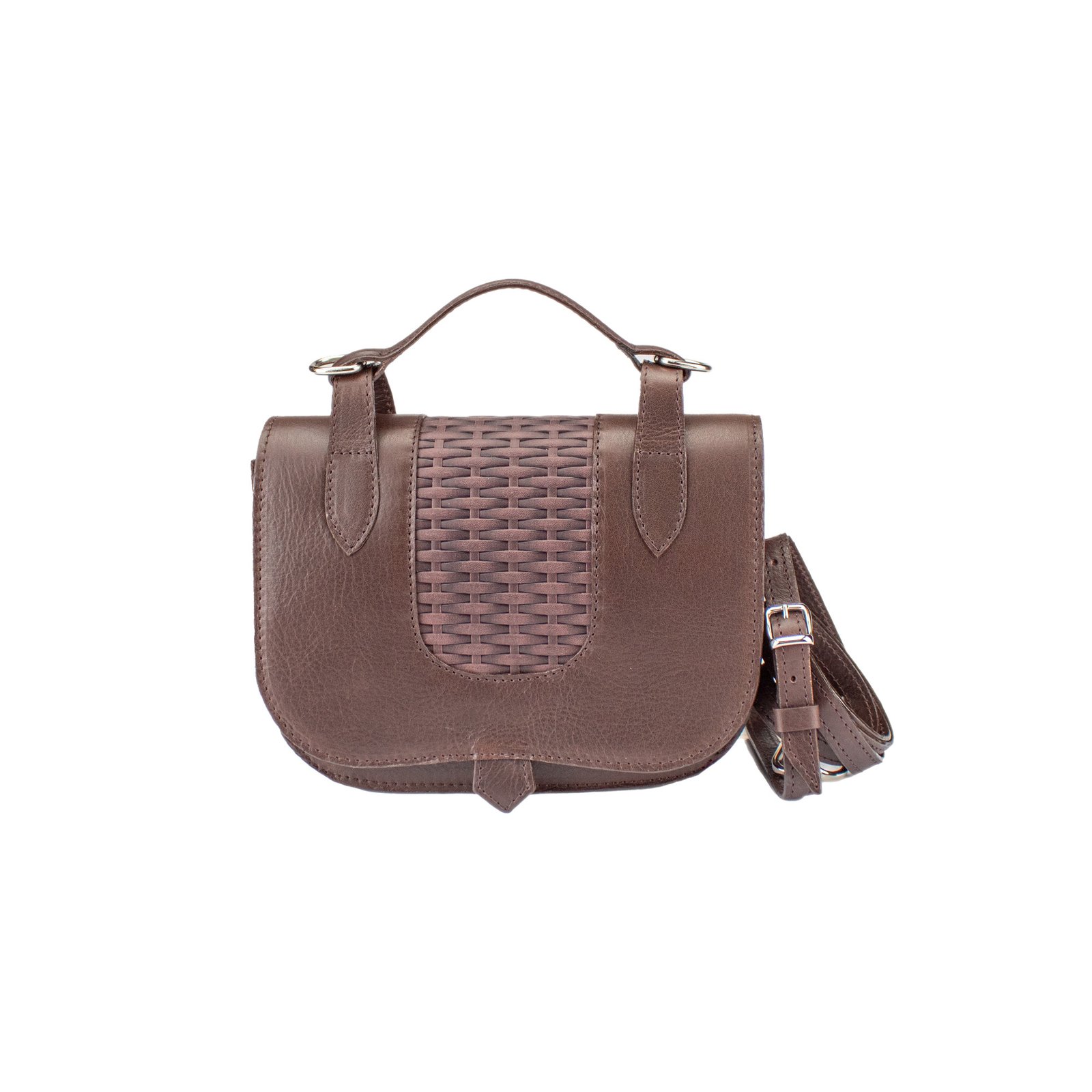 Cartera Cancún de cuero argentino con panel trenzado, color marrón