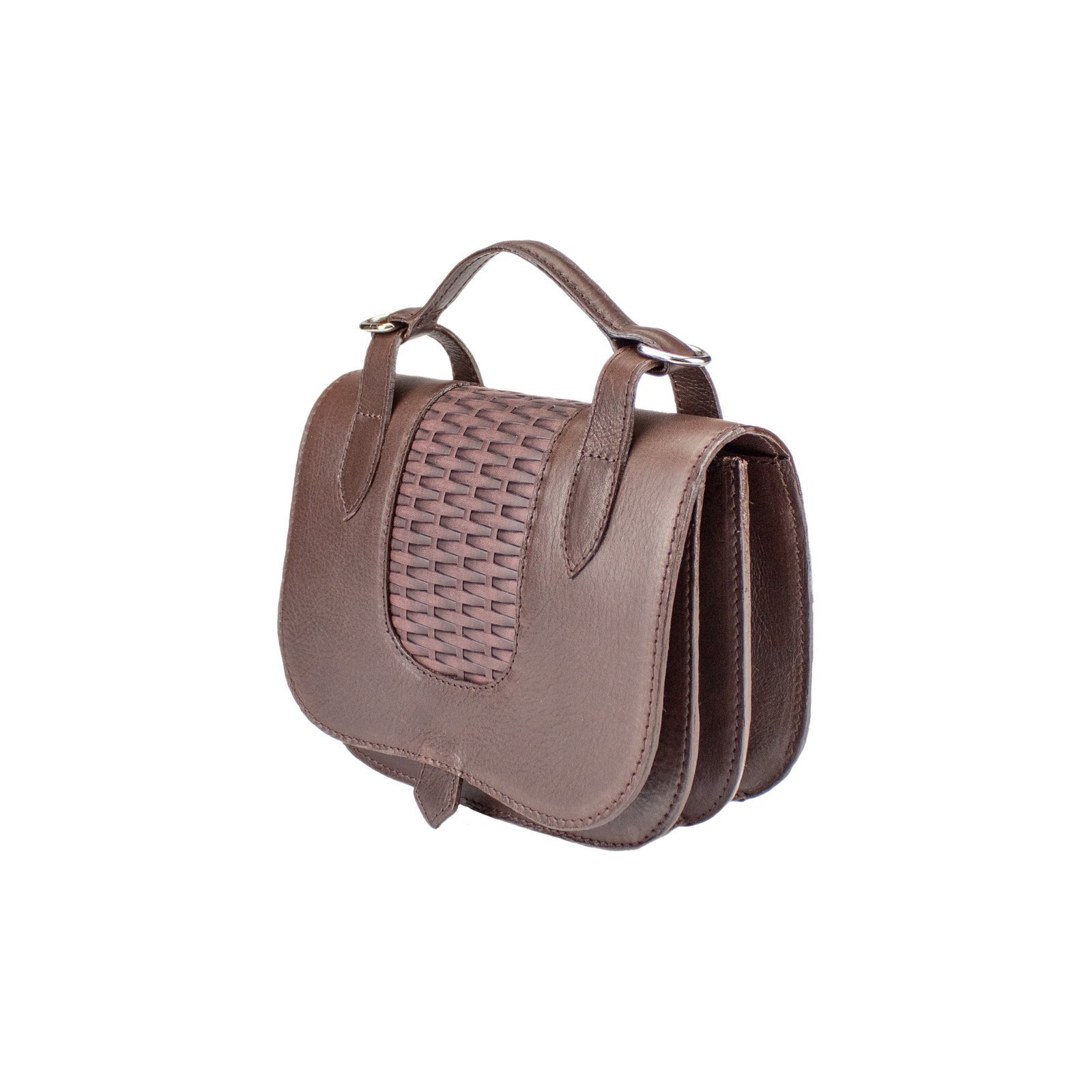 Cartera Cancún de cuero argentino con panel trenzado, color marrón