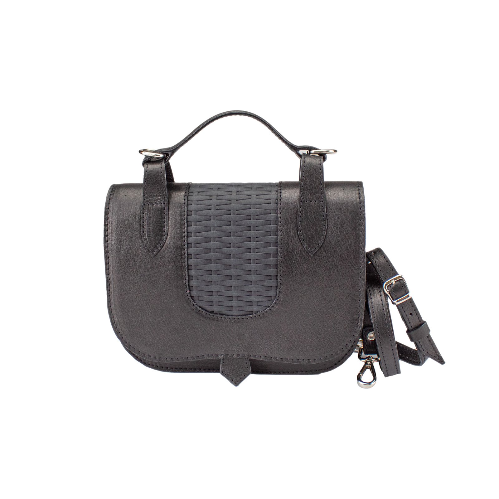 Cartera Cancún de cuero argentino con panel trenzado, color negro