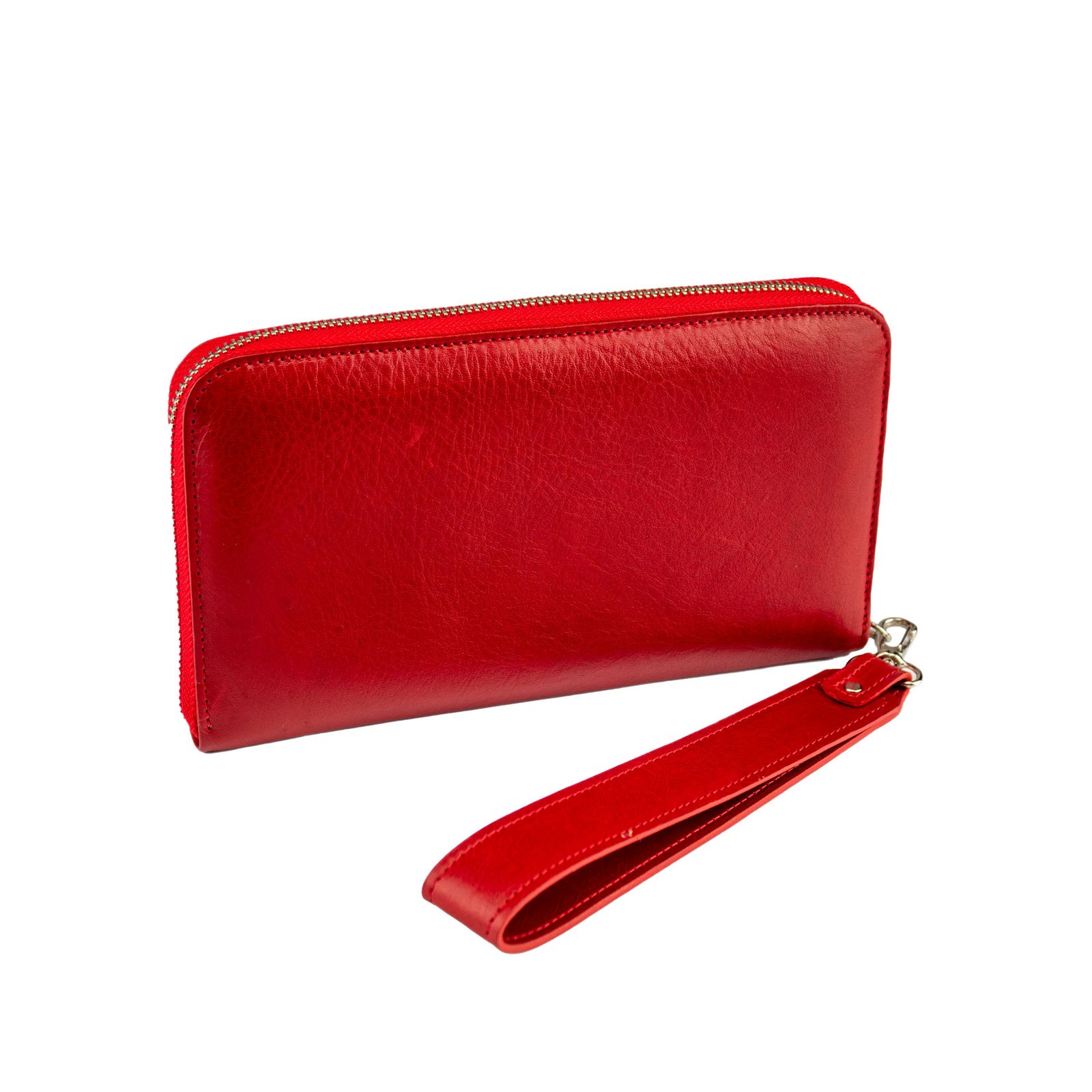Billetera Stefy de cuero vacuno con cierre perimetral y correa de mano, color rojo